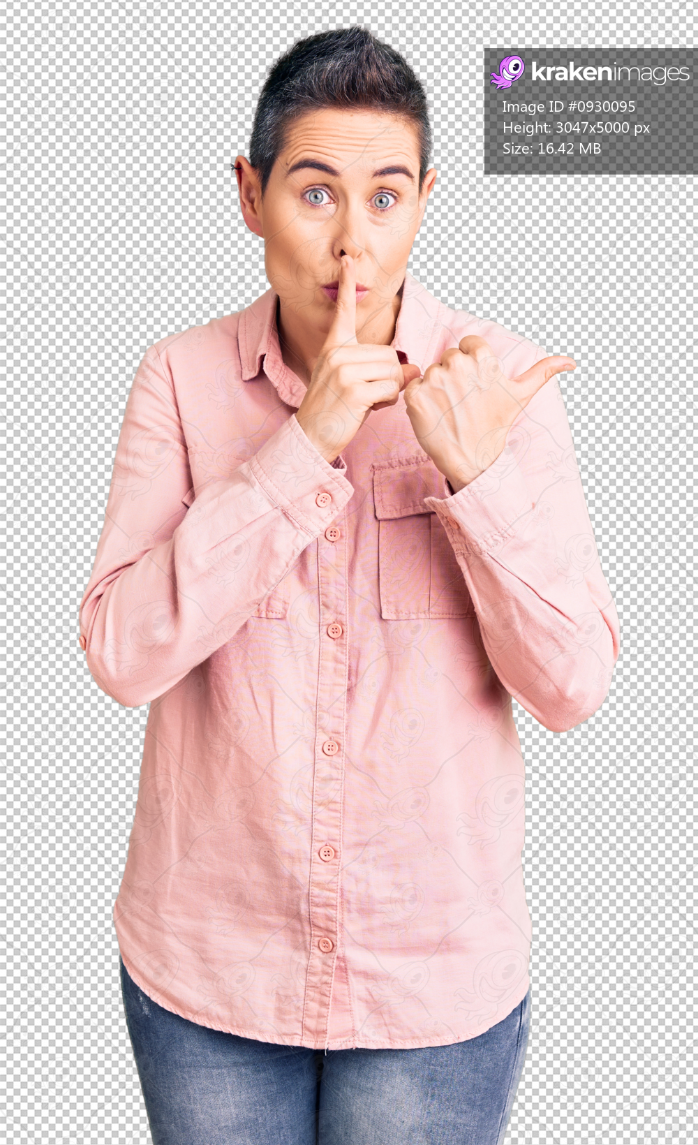 Young woman with short hair wearing casual clothes asking to be quiet with finger on lips pointing with hand to the side. silence and secret concept.