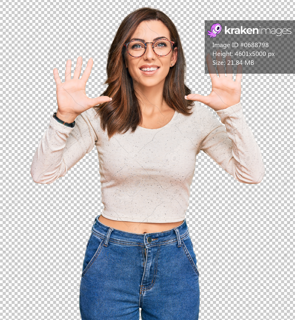 Young brunette woman wearing casual clothes and glasses showing and pointing up with fingers number ten while smiling confident and happy.
