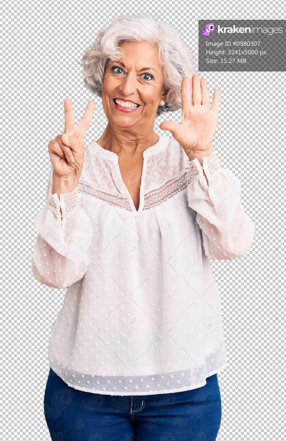 Senior grey-haired woman wearing casual clothes showing and pointing up with fingers number seven while smiling confident and happy.