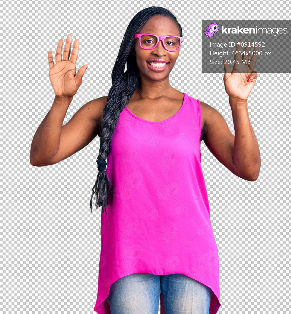 Young african american woman wearing casual clothes and glasses showing and pointing up with fingers number nine while smiling confident and happy.