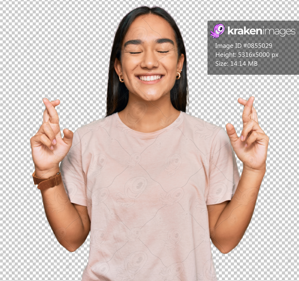 Young asian woman wearing casual clothes gesturing finger crossed smiling with hope and eyes closed. luck and superstitious concept.