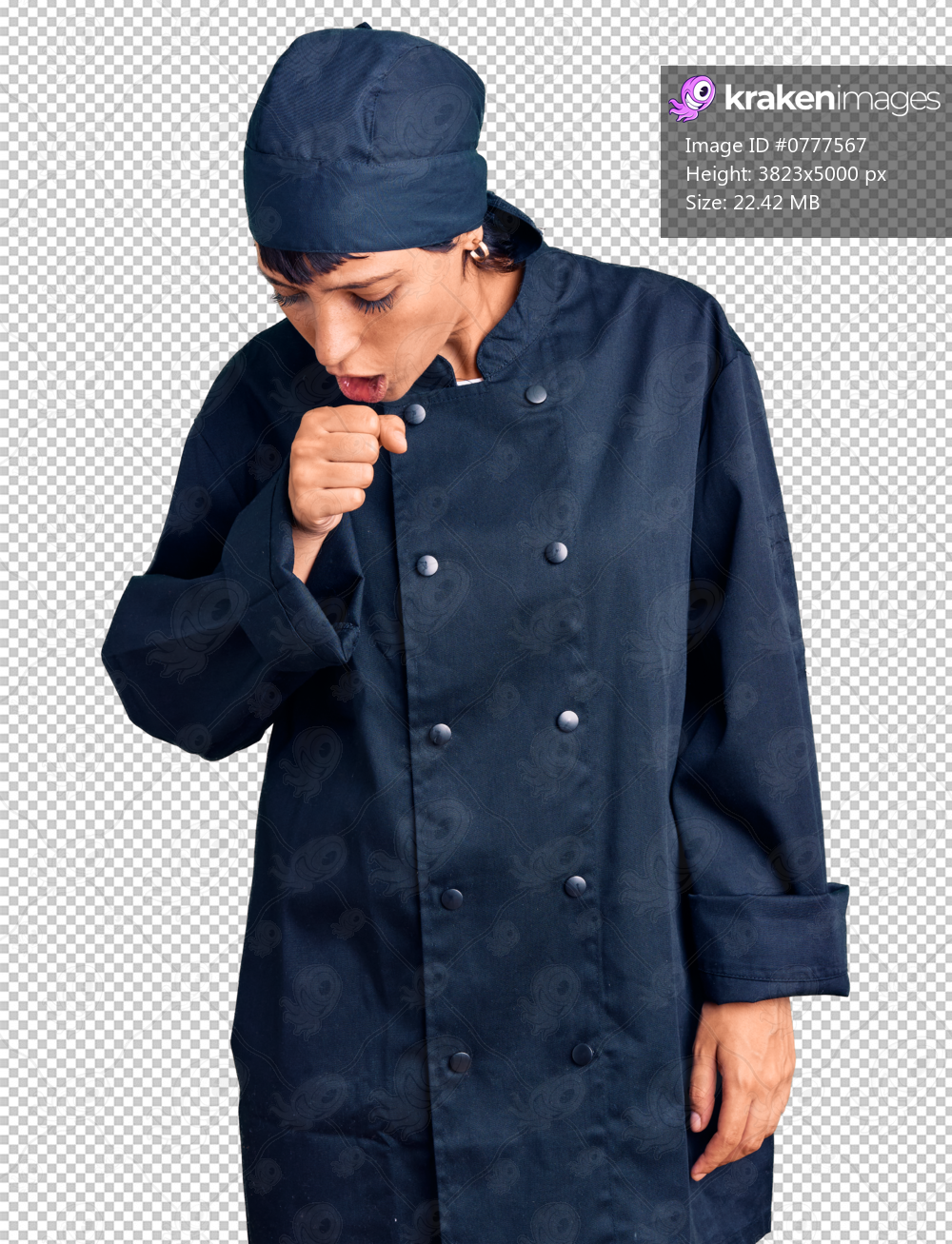 Young brunette woman with short hair wearing professional cook uniform feeling unwell and coughing as symptom for cold or bronchitis. health care concept.