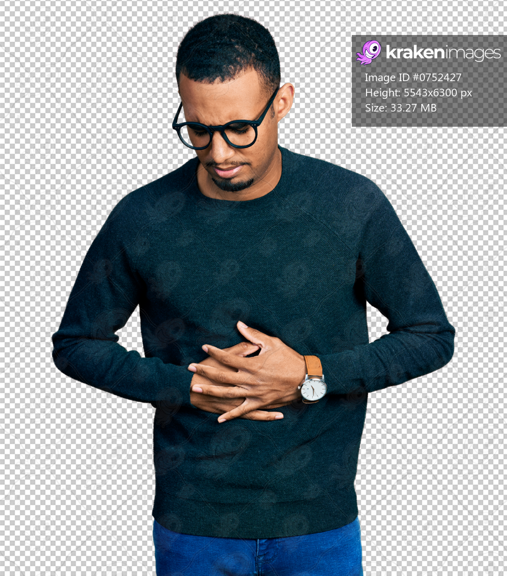 Young african american man wearing casual clothes and glasses with hand on stomach because indigestion, painful illness feeling unwell. ache concept.
