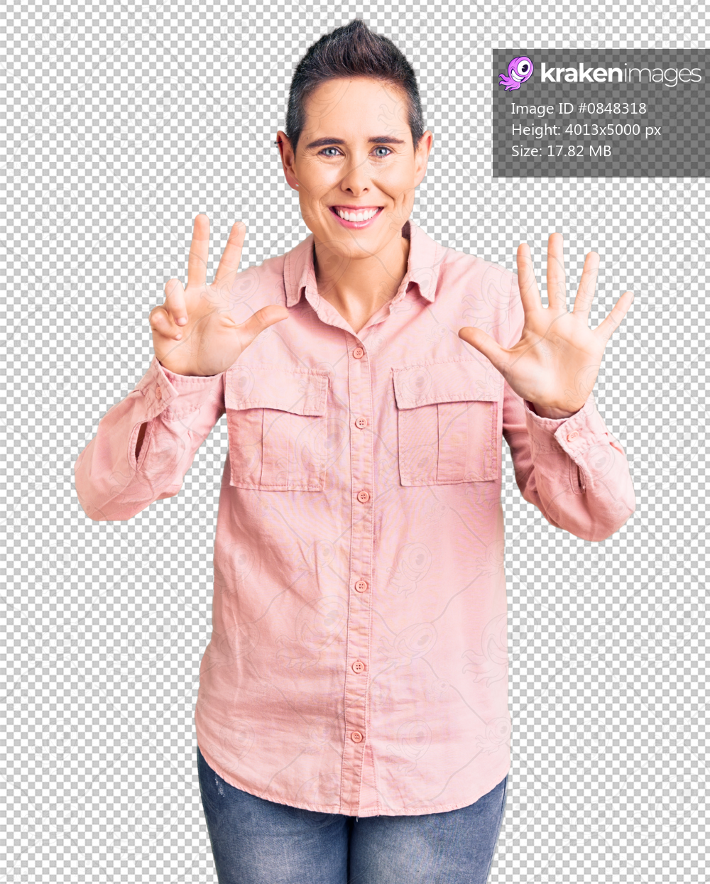 Young woman with short hair wearing casual clothes showing and pointing up with fingers number eight while smiling confident and happy.