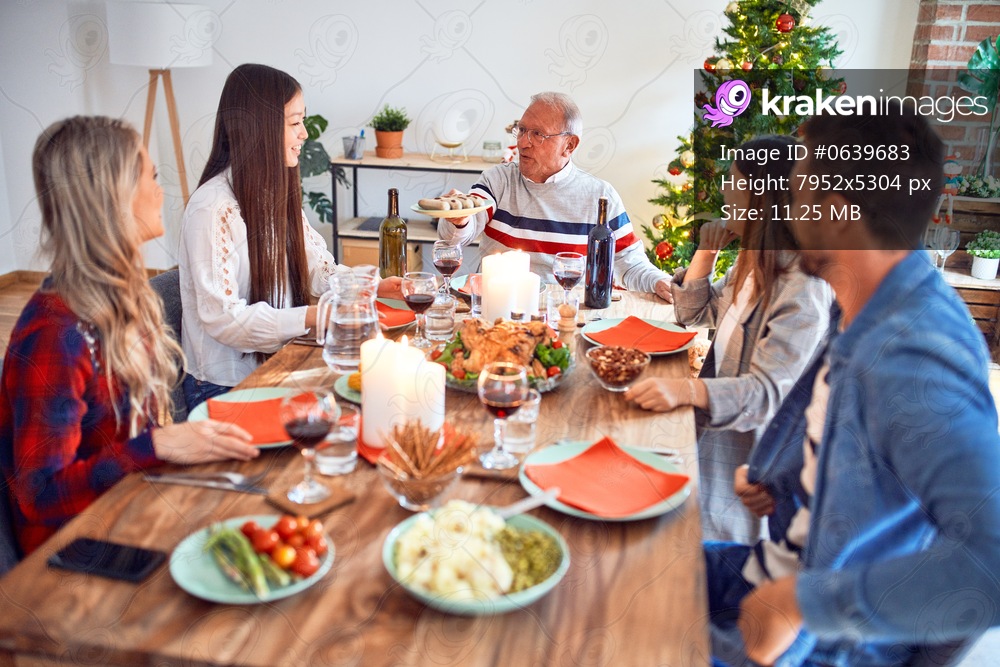 Beautiful family meeting smiling happy and confident. Eating roasted turkey celebrating Christmas at home