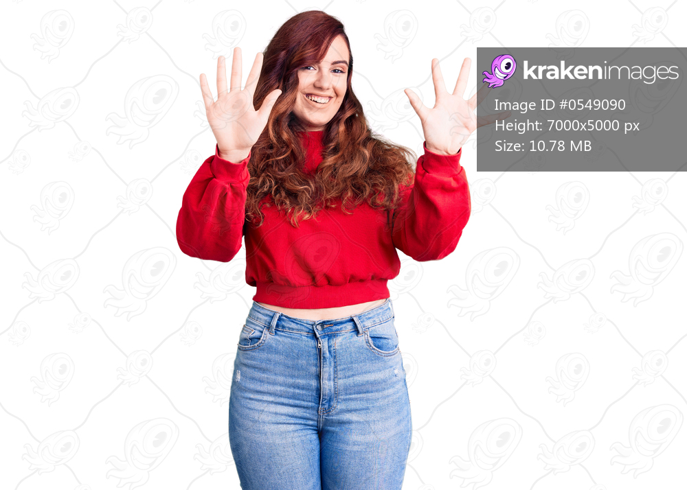 Young beautiful woman wearing casual winter sweater showing and pointing up with fingers number ten while smiling confident and happy. 