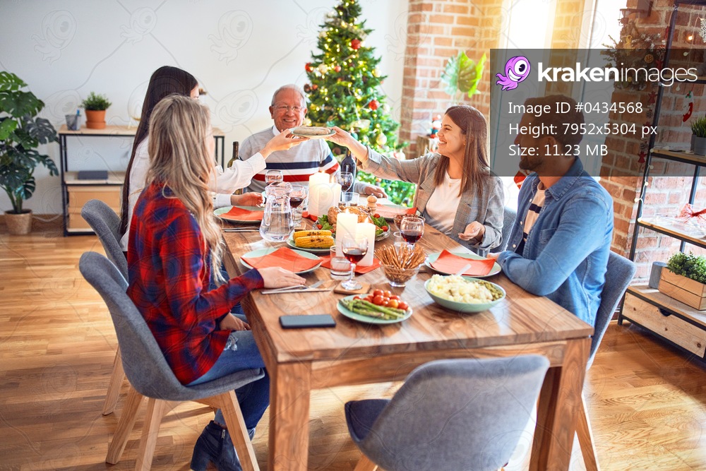 Beautiful family meeting smiling happy and confident. Eating roasted turkey celebrating Christmas at home