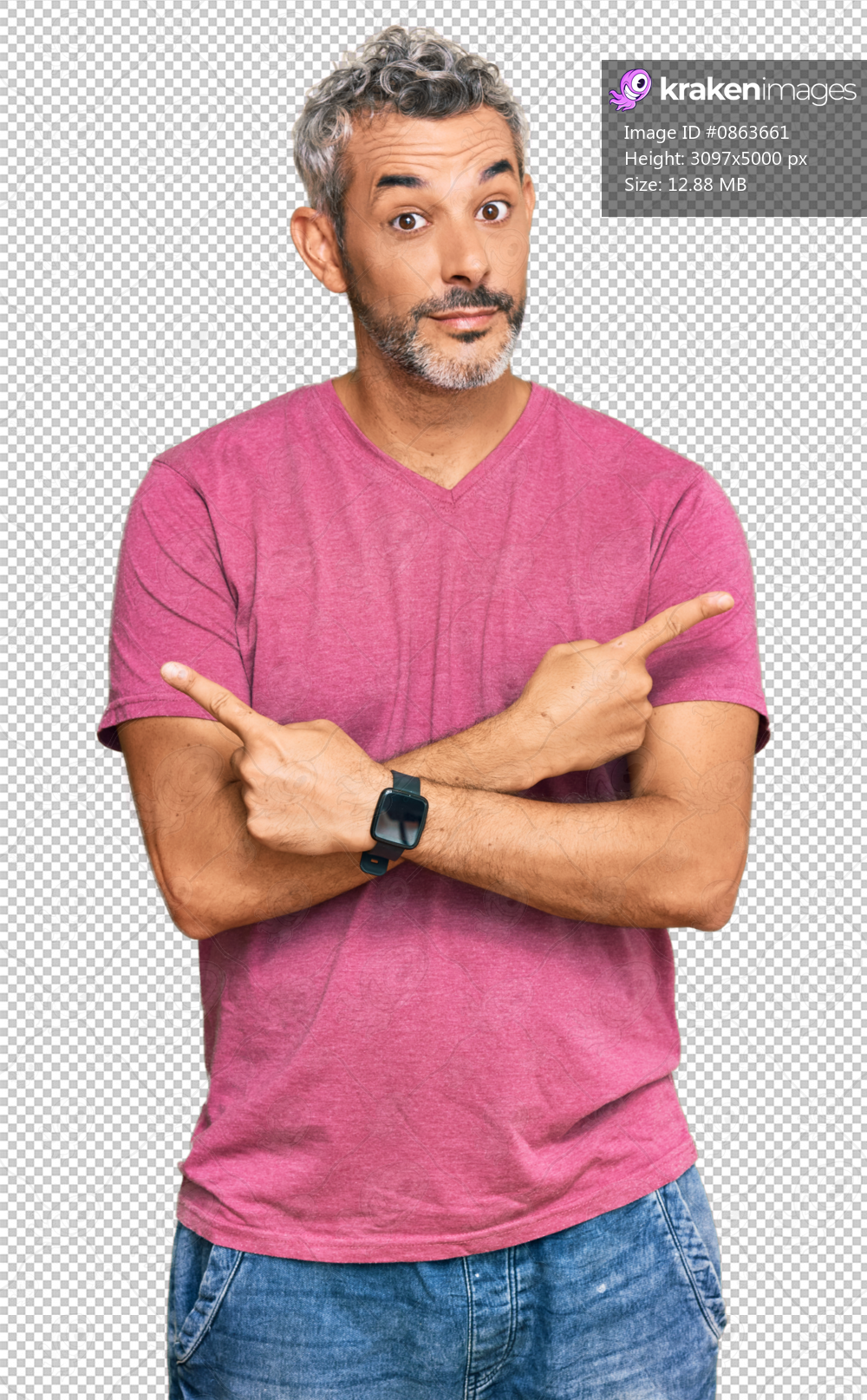Middle age grey-haired man wearing casual clothes pointing to both sides with fingers, different direction disagree
