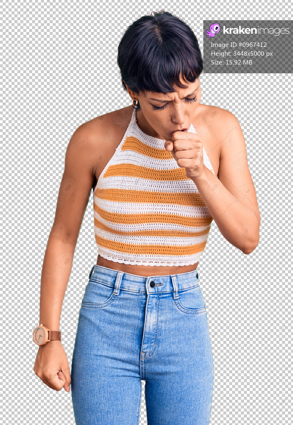 Young brunette woman with short hair wearing casual clothes feeling unwell and coughing as symptom for cold or bronchitis. health care concept.