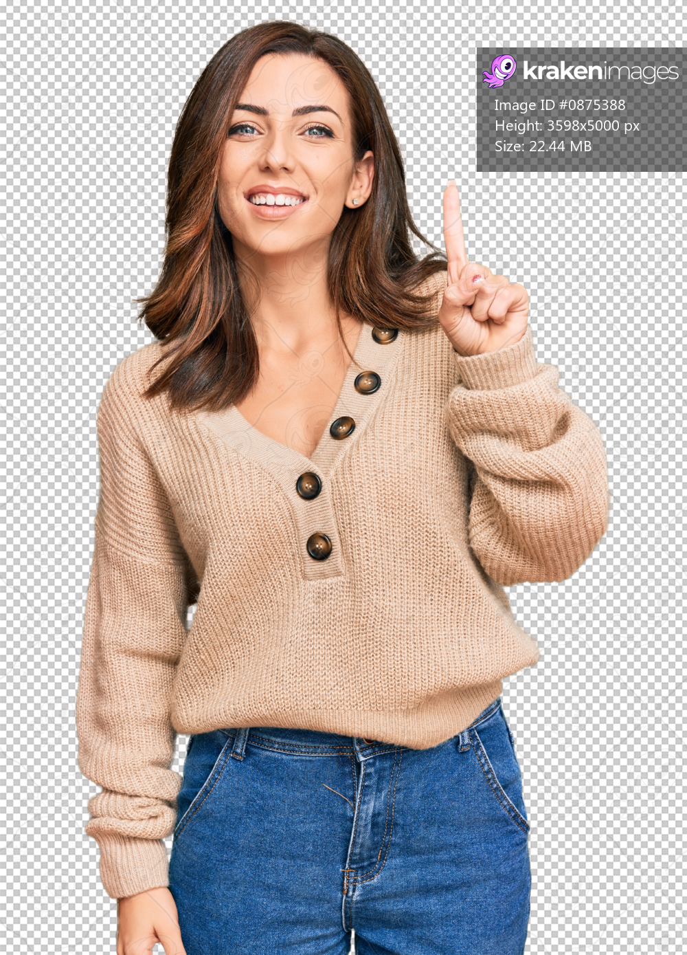 Young brunette woman wearing casual winter sweater showing and pointing up with finger number one while smiling confident and happy.