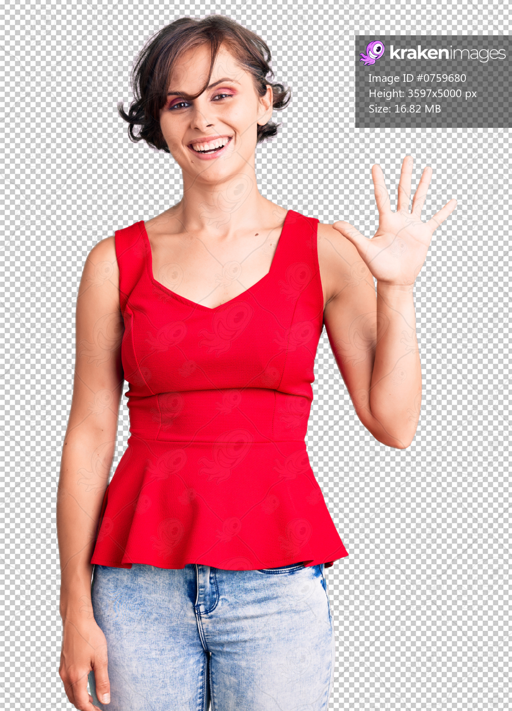 Beautiful young woman with short hair wearing casual style with sleeveless shirt showing and pointing up with fingers number five while smiling confident and happy.
