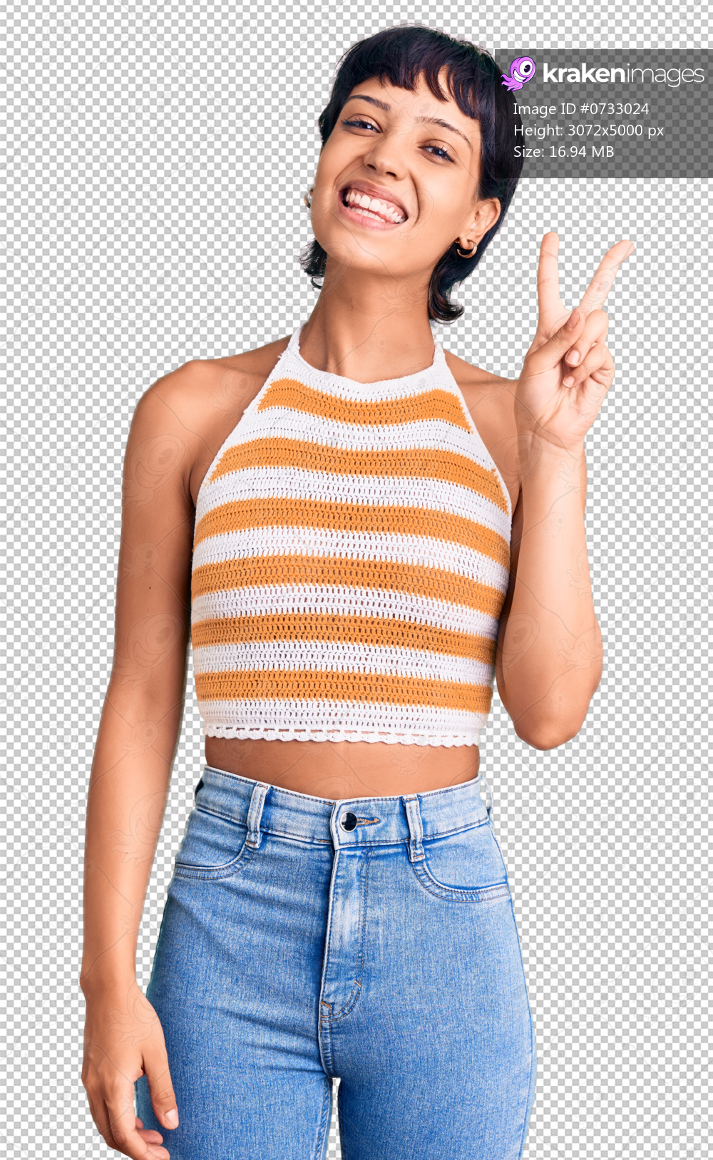 Young brunette woman with short hair wearing casual clothes smiling looking to the camera showing fingers doing victory sign. number two.