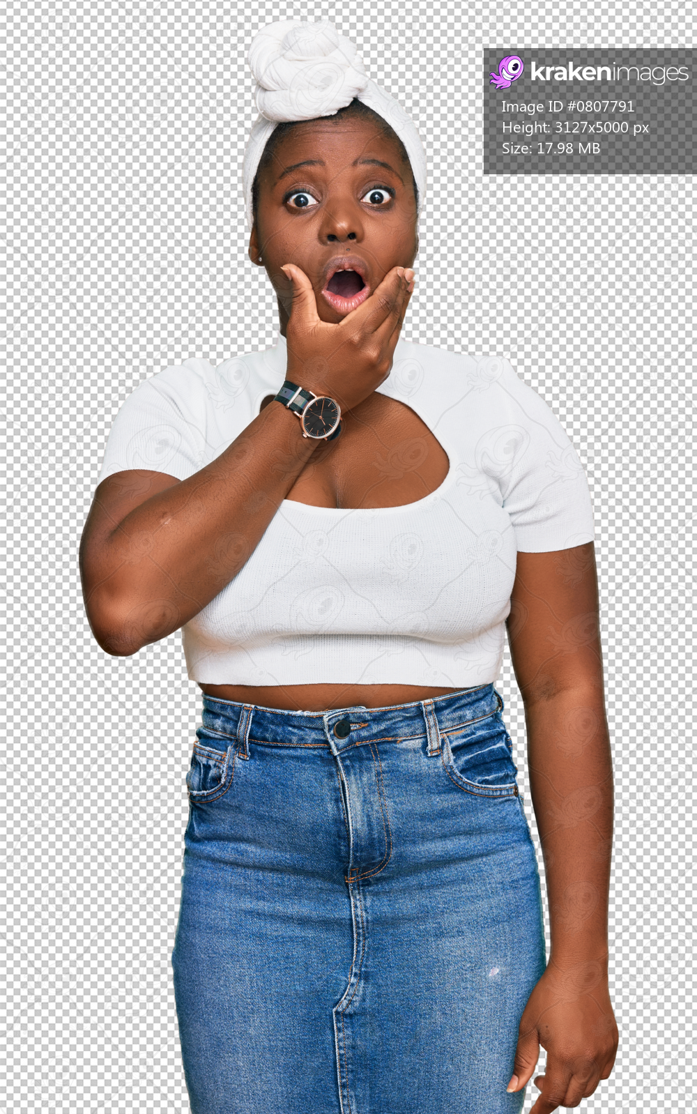 Young african woman with turban wearing hair turban over isolated background looking fascinated with disbelief, surprise and amazed expression with hands on chin
