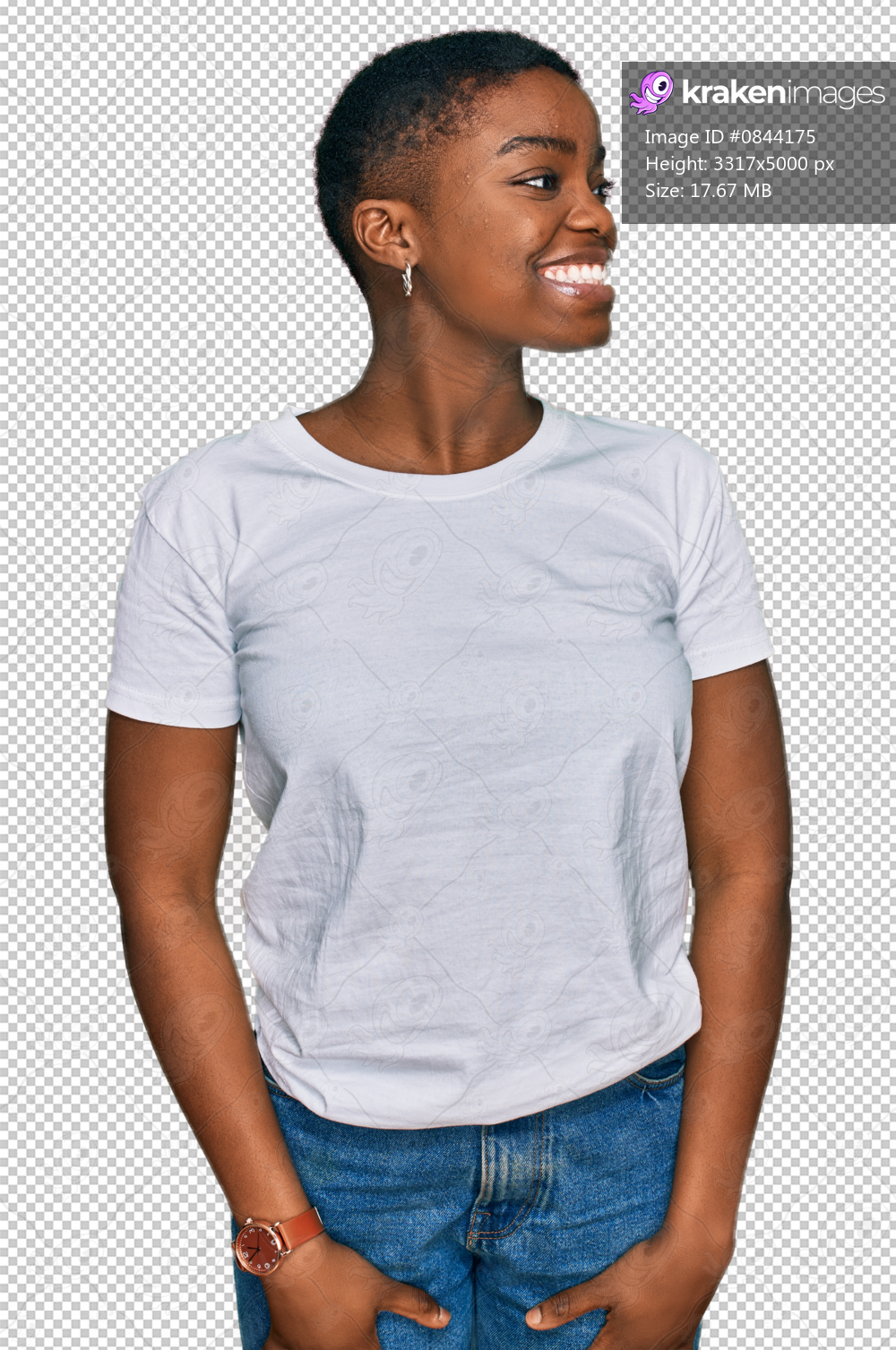 Young african american woman wearing casual white t shirt looking away to side with smile on face, natural expression. laughing confident.