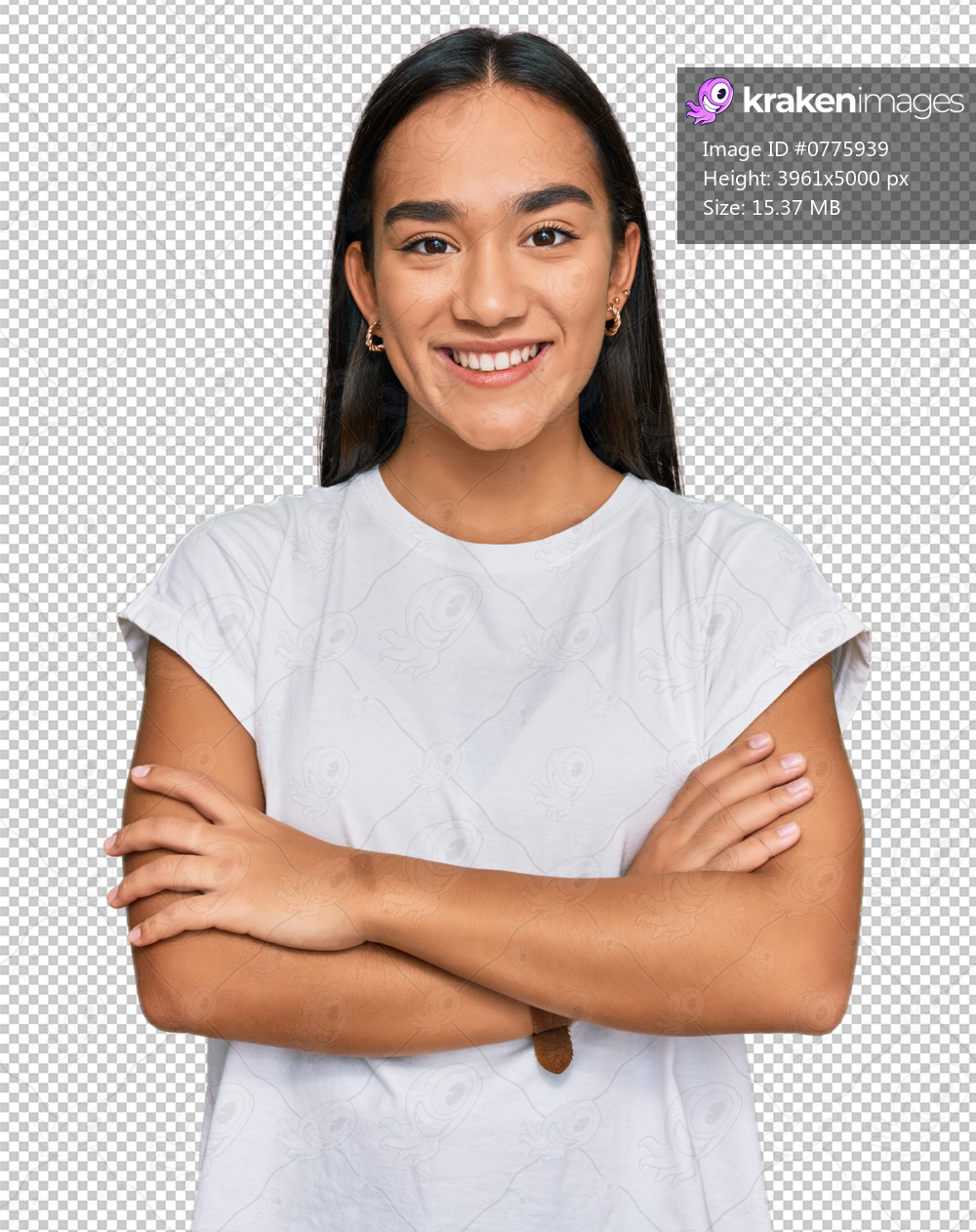 Young asian woman wearing casual white t shirt happy face smiling with crossed arms looking at the camera. positive person.