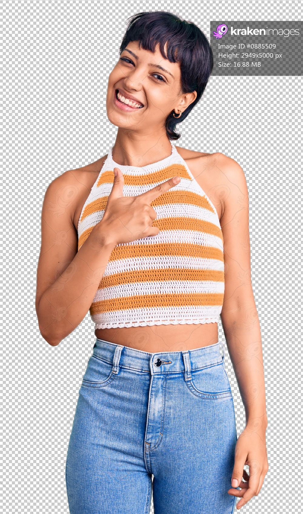 Young brunette woman with short hair wearing casual clothes cheerful with a smile on face pointing with hand and finger up to the side with happy and natural expression