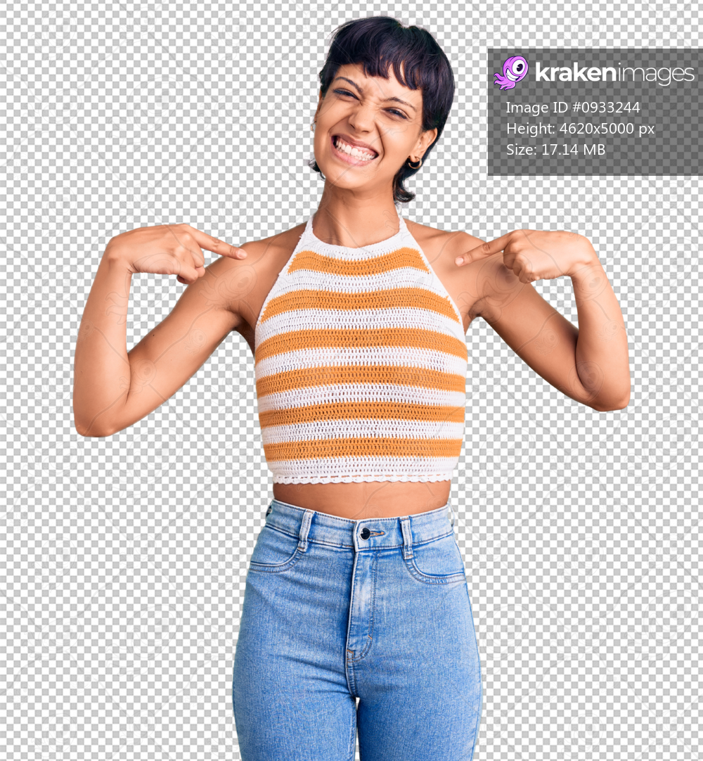 Young brunette woman with short hair wearing casual clothes looking confident with smile on face, pointing oneself with fingers proud and happy.