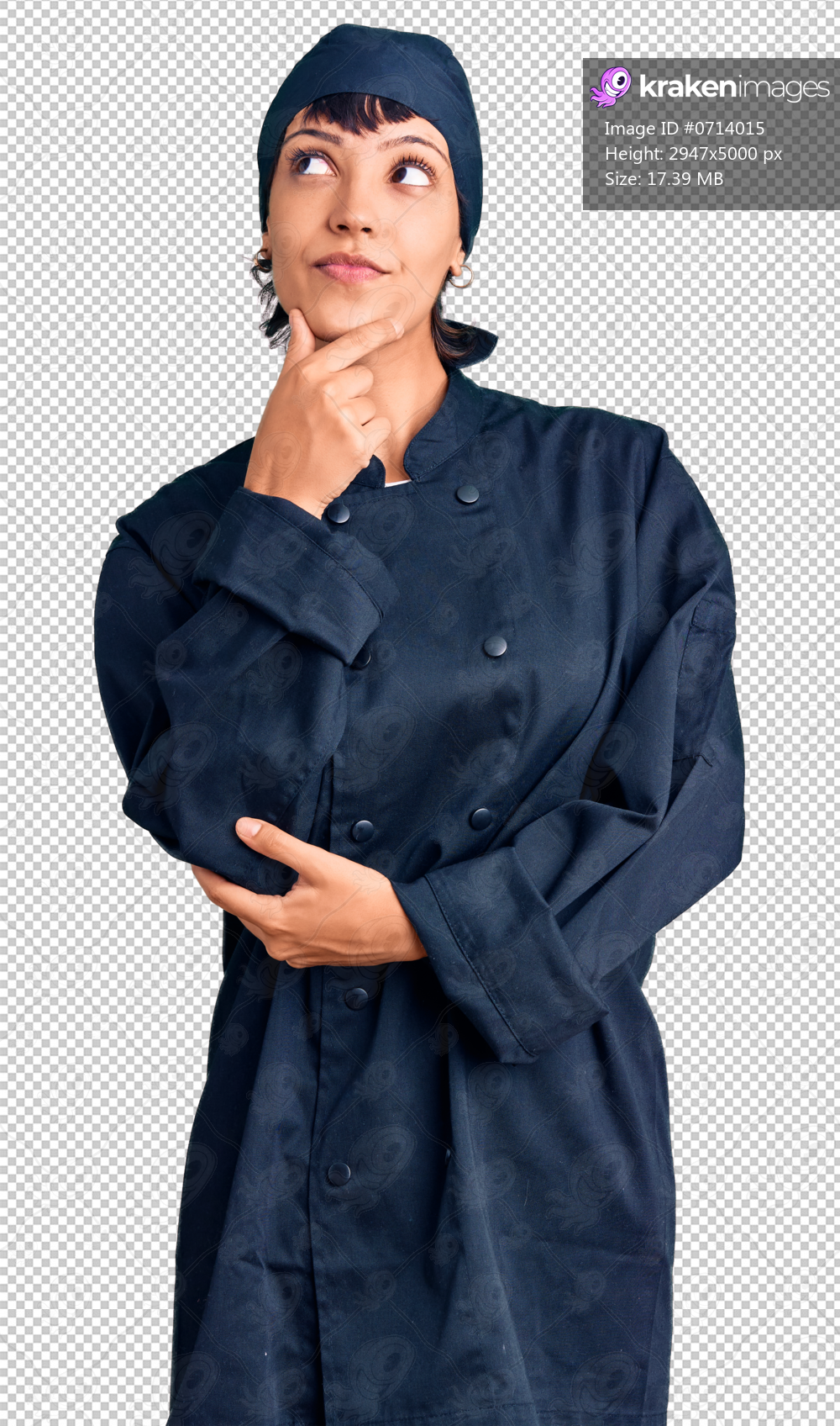 Young brunette woman with short hair wearing professional cook uniform with hand on chin thinking about question, pensive expression. smiling with thoughtful face. doubt concept.