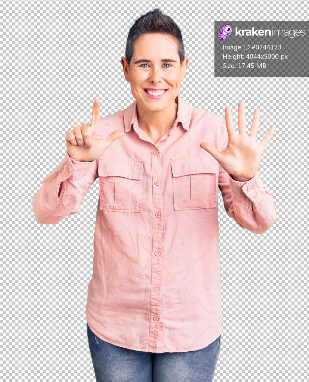 Young woman with short hair wearing casual clothes showing and pointing up with fingers number seven while smiling confident and happy.
