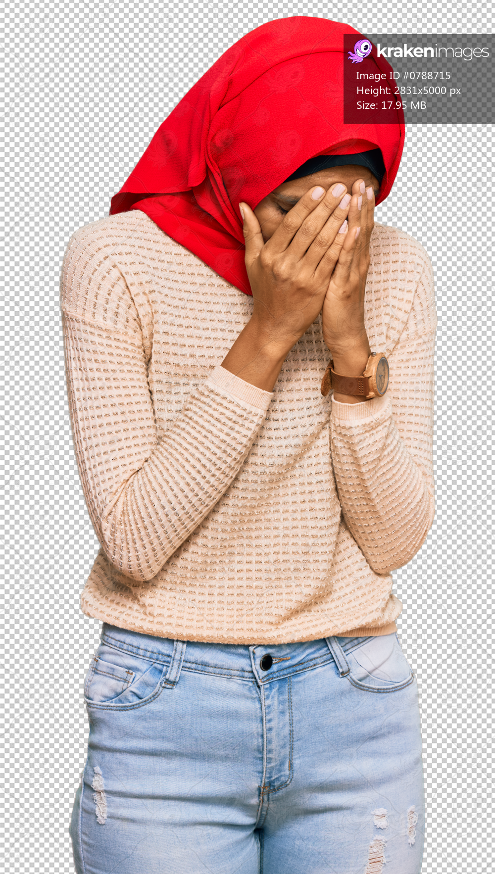 Young african american woman wearing traditional islamic hijab scarf with sad expression covering face with hands while crying. depression concept.