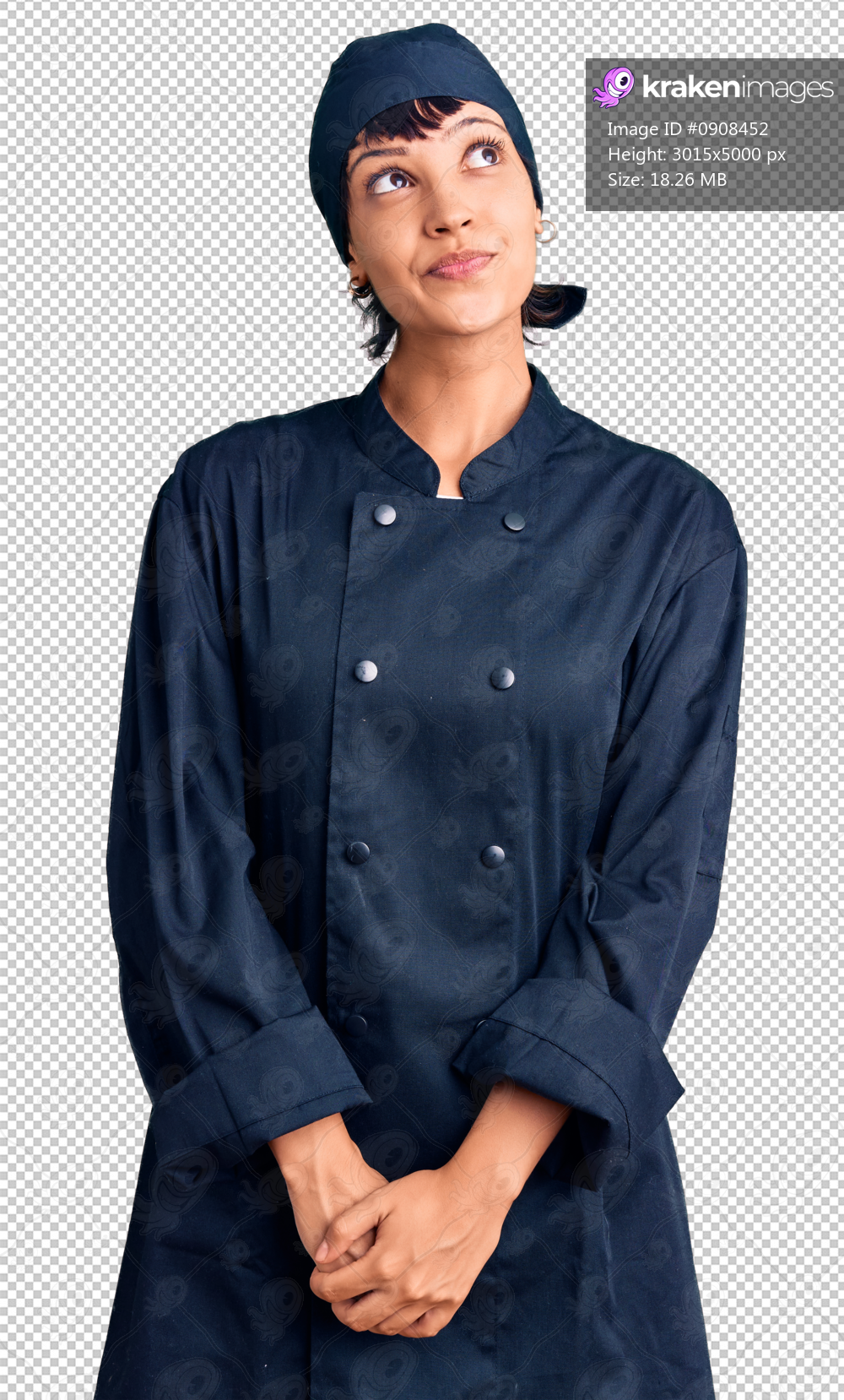 Young brunette woman with short hair wearing professional cook uniform smiling looking to the side and staring away thinking.