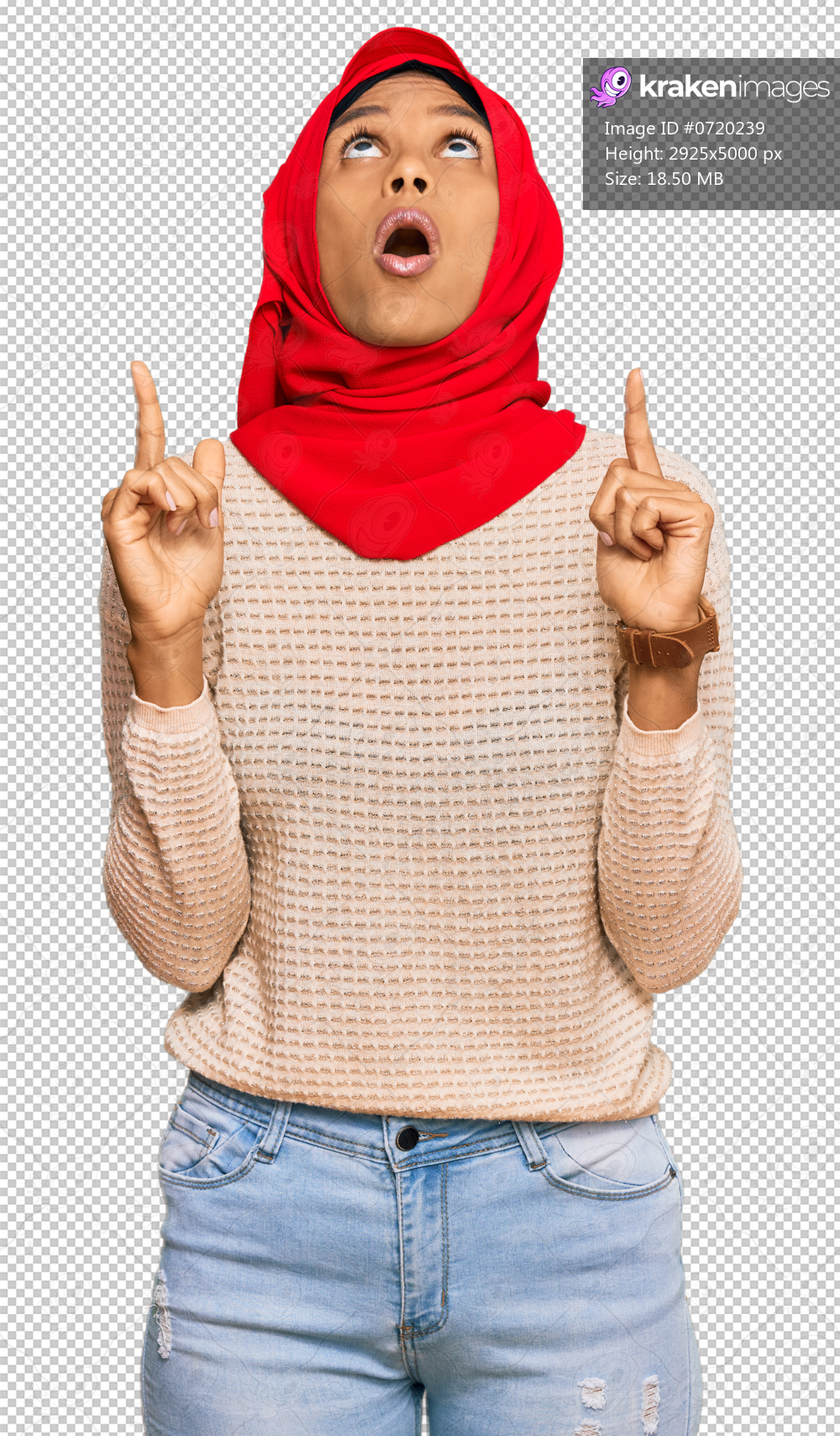 Young african american woman wearing traditional islamic hijab scarf amazed and surprised looking up and pointing with fingers and raised arms.