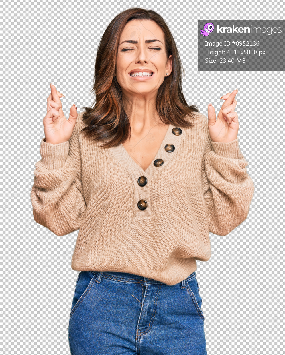 Young brunette woman wearing casual winter sweater gesturing finger crossed smiling with hope and eyes closed. luck and superstitious concept.