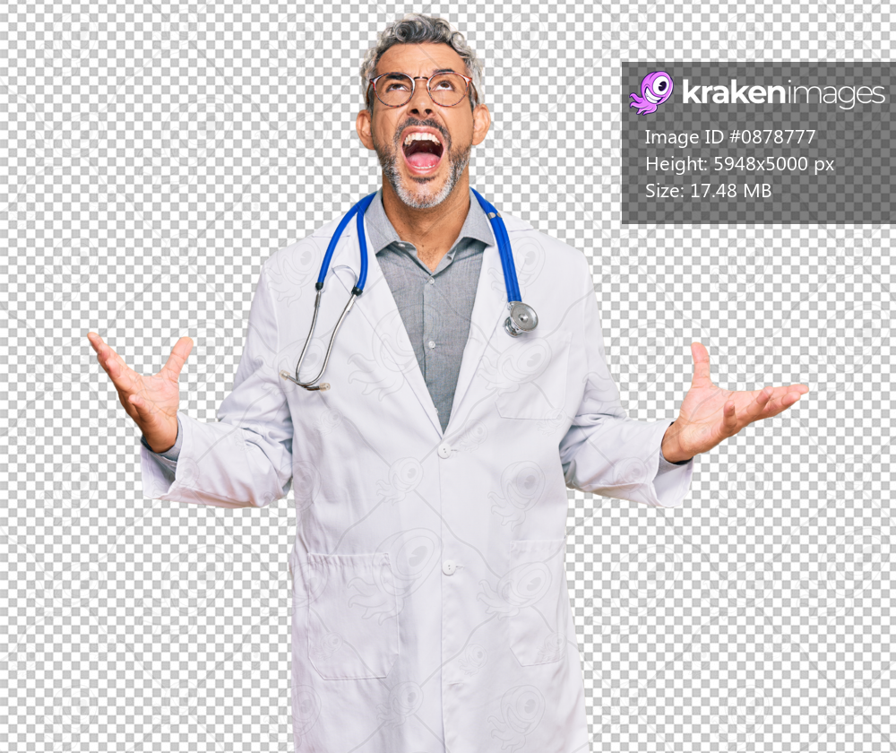 Middle age grey-haired man wearing doctor uniform and stethoscope crazy and mad shouting and yelling with aggressive expression and arms raised. frustration concept.