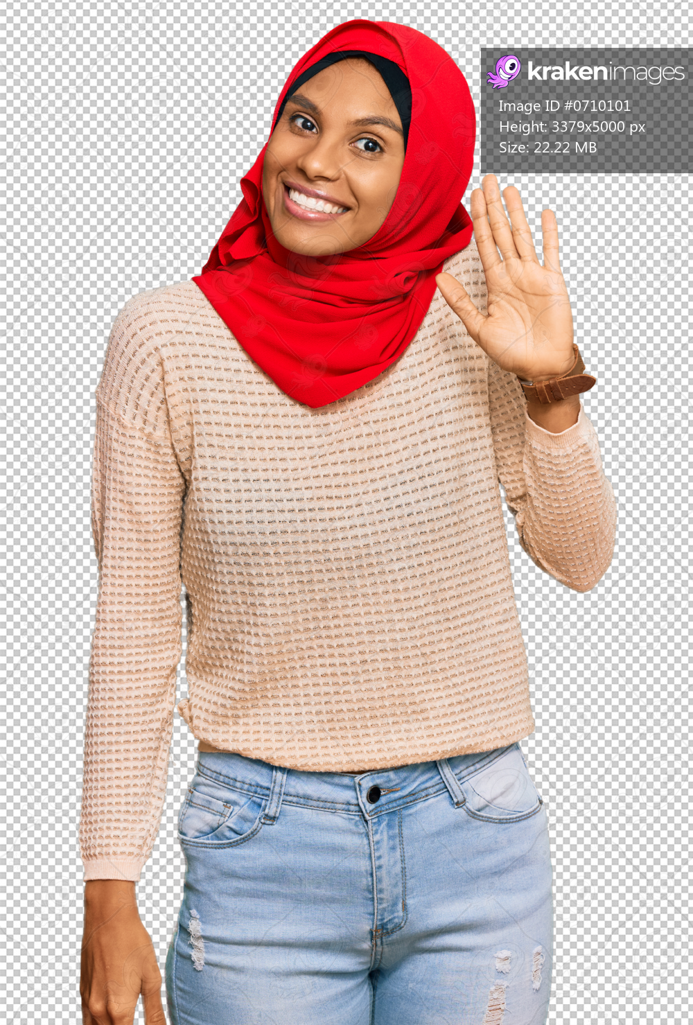 Young african american woman wearing traditional islamic hijab scarf waiving saying hello happy and smiling, friendly welcome gesture