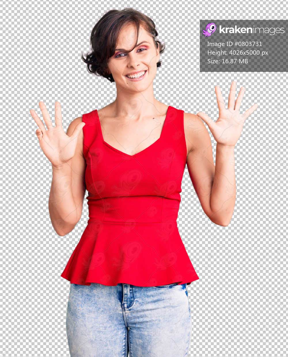 Beautiful young woman with short hair wearing casual style with sleeveless shirt showing and pointing up with fingers number nine while smiling confident and happy.