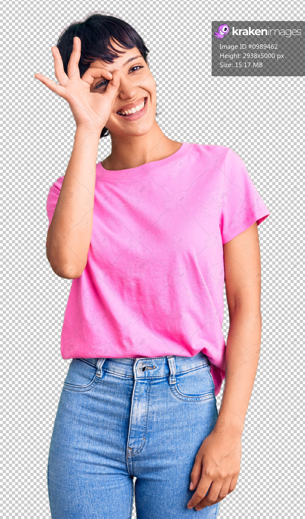 Young brunette woman with short hair wearing casual clothes doing ok gesture with hand smiling, eye looking through fingers with happy face.