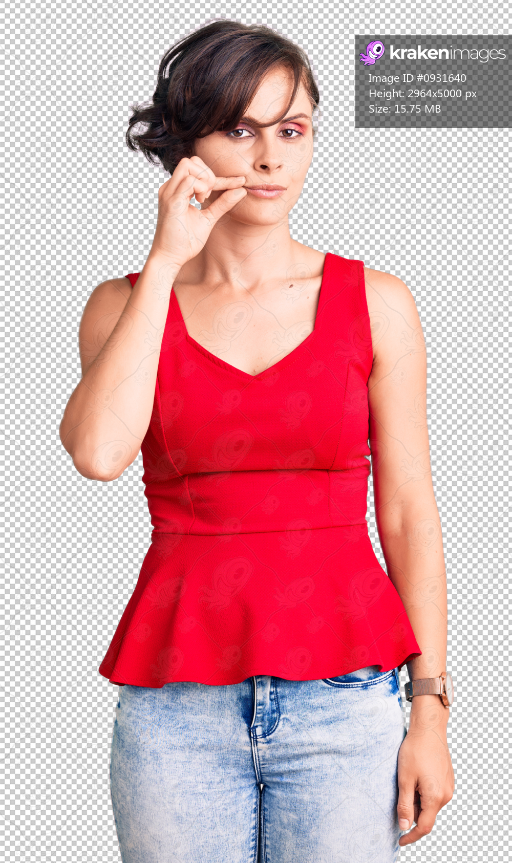 Beautiful young woman with short hair wearing casual style with sleeveless shirt mouth and lips shut as zip with fingers. secret and silent, taboo talking