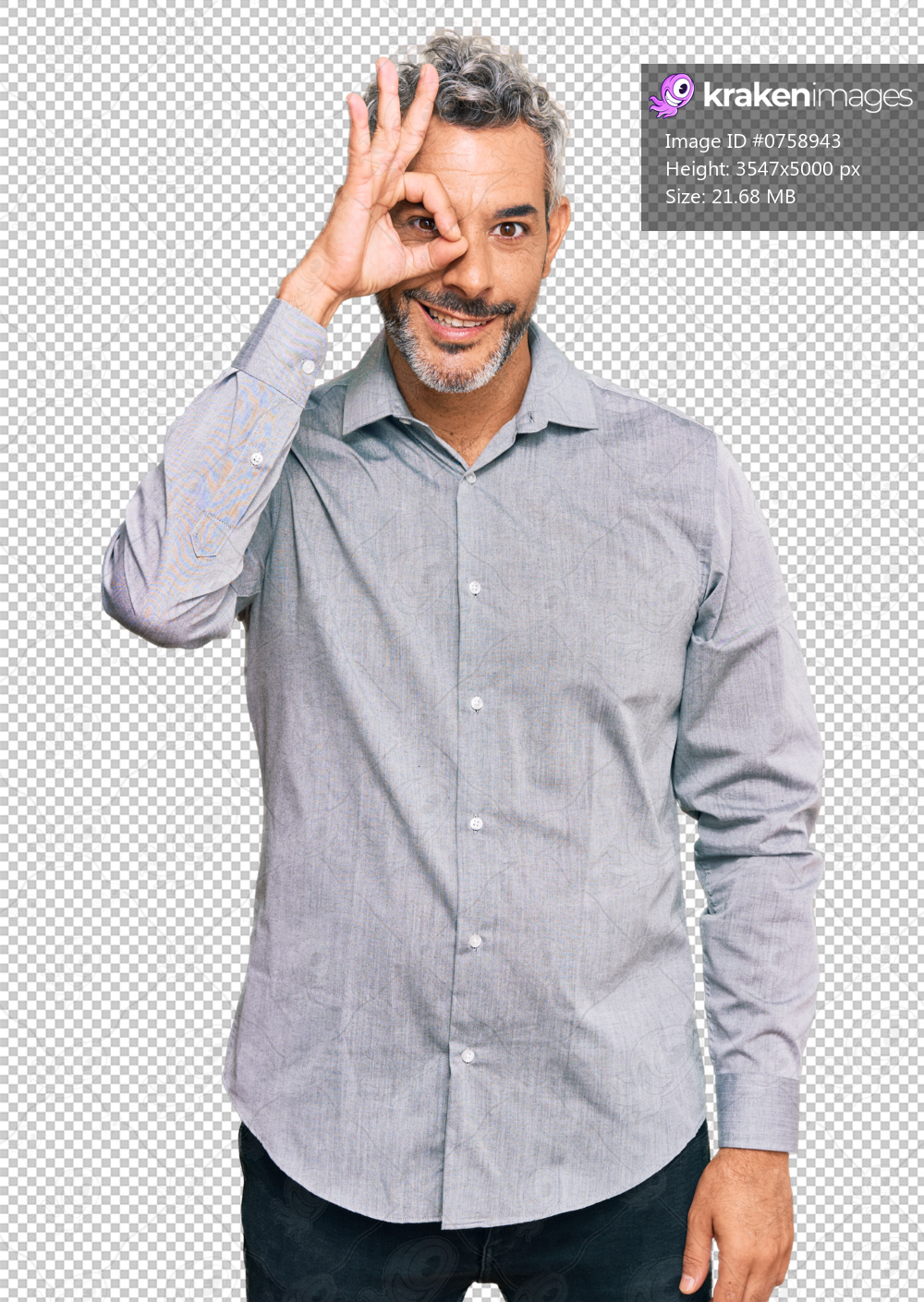 Middle age grey-haired man wearing casual clothes doing ok gesture with hand smiling, eye looking through fingers with happy face.