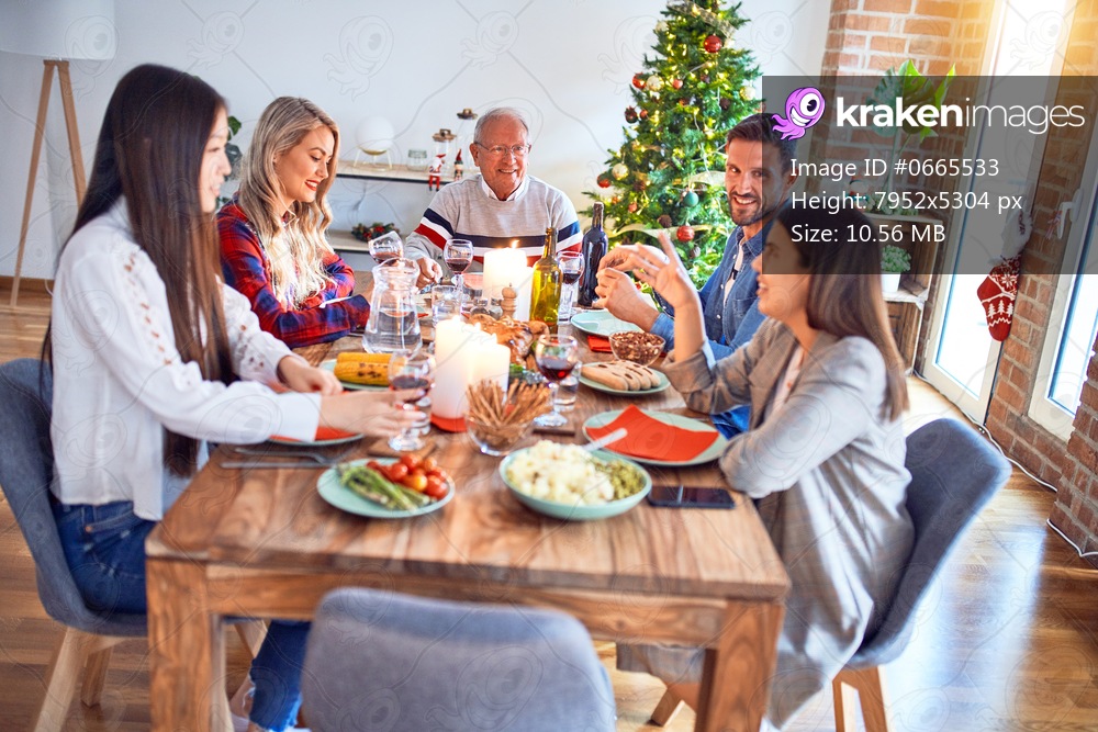 Beautiful family meeting smiling happy and confident. Eating roasted turkey celebrating Christmas at home