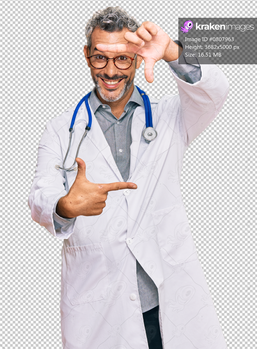 Middle age grey-haired man wearing doctor uniform and stethoscope smiling making frame with hands and fingers with happy face. creativity and photography concept.