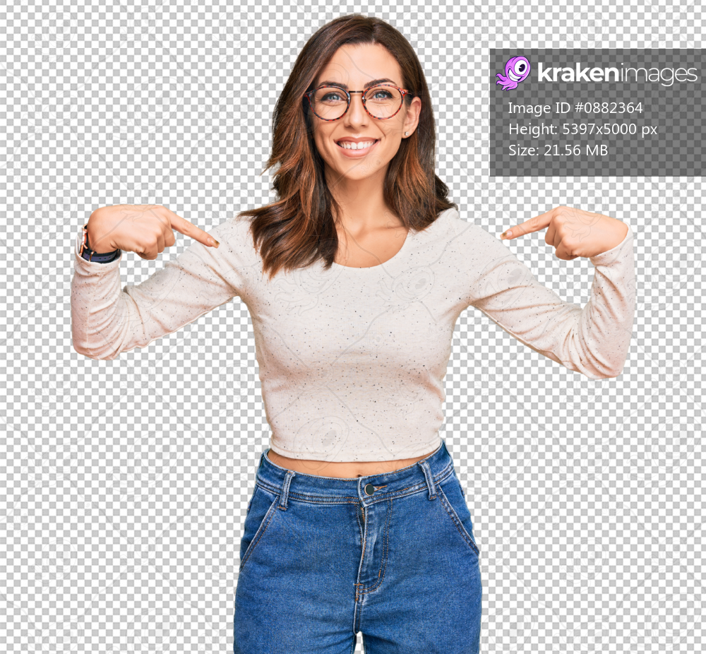 Young brunette woman wearing casual clothes and glasses looking confident with smile on face, pointing oneself with fingers proud and happy.