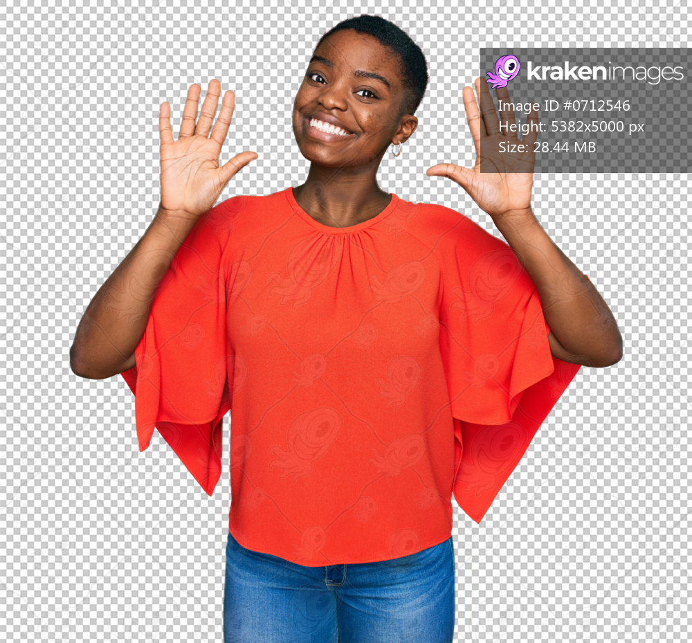 Young african american woman wearing casual clothes showing and pointing up with fingers number ten while smiling confident and happy.