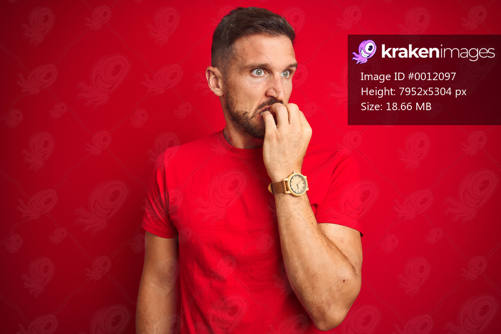 Young handsome man wearing casual t-shirt over red isolated background looking stressed and nervous with hands on mouth biting nails. Anxiety problem.