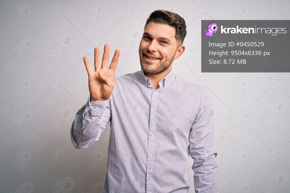 Young business man with blue eyes standing over isolated background showing and pointing up with fingers number four while smiling confident and happy.