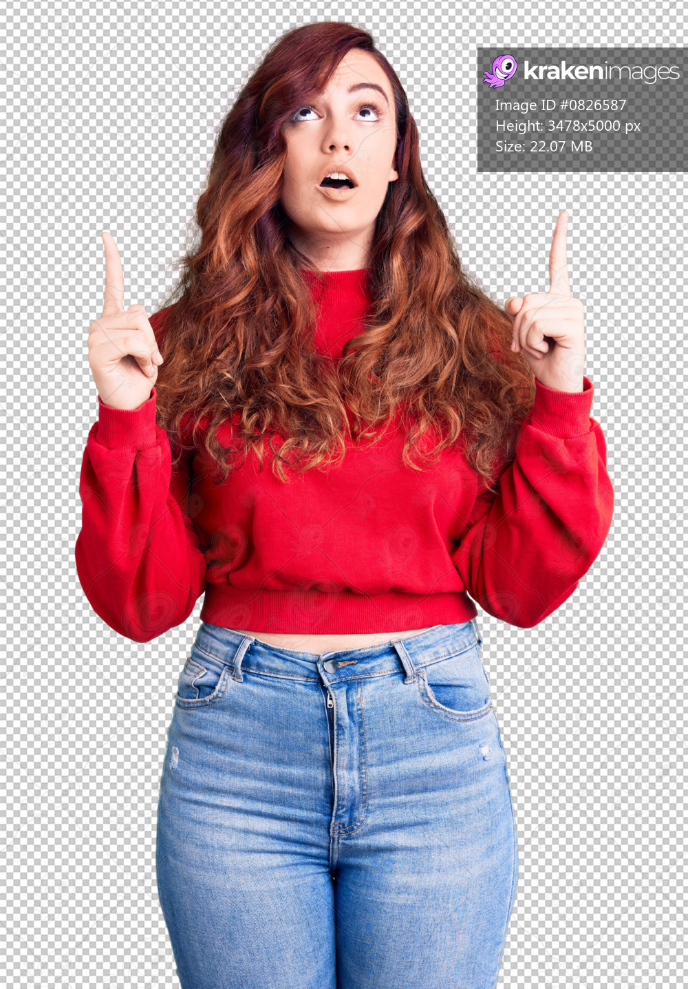 Young beautiful woman wearing casual winter sweater amazed and surprised looking up and pointing with fingers and raised arms.