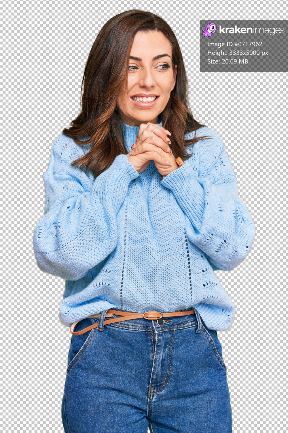 Young brunette woman wearing casual winter sweater laughing nervous and excited with hands on chin looking to the side