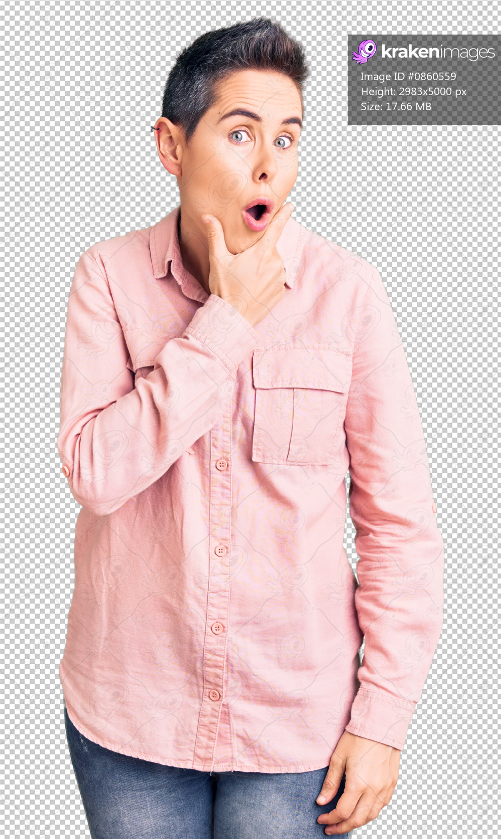 Young woman with short hair wearing casual clothes looking fascinated with disbelief, surprise and amazed expression with hands on chin