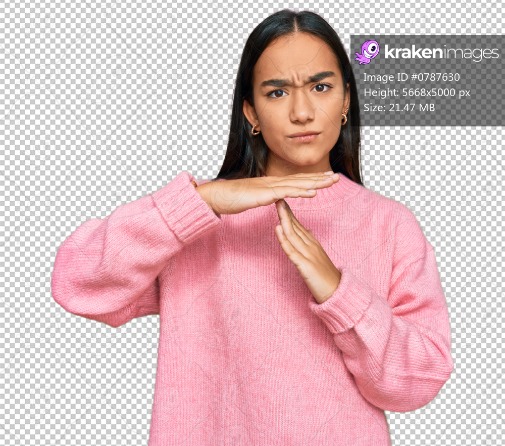 Young asian woman wearing casual winter sweater doing time out gesture with hands, frustrated and serious face