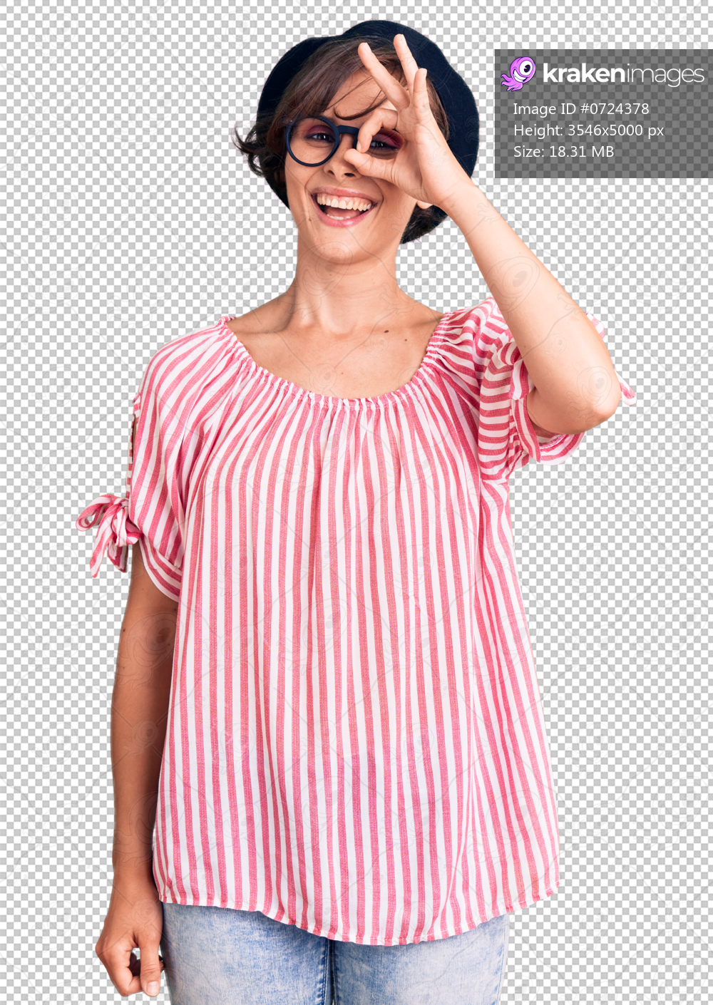 Beautiful young woman with short hair wearing casual clothes and glasses smiling happy doing ok sign with hand on eye looking through fingers