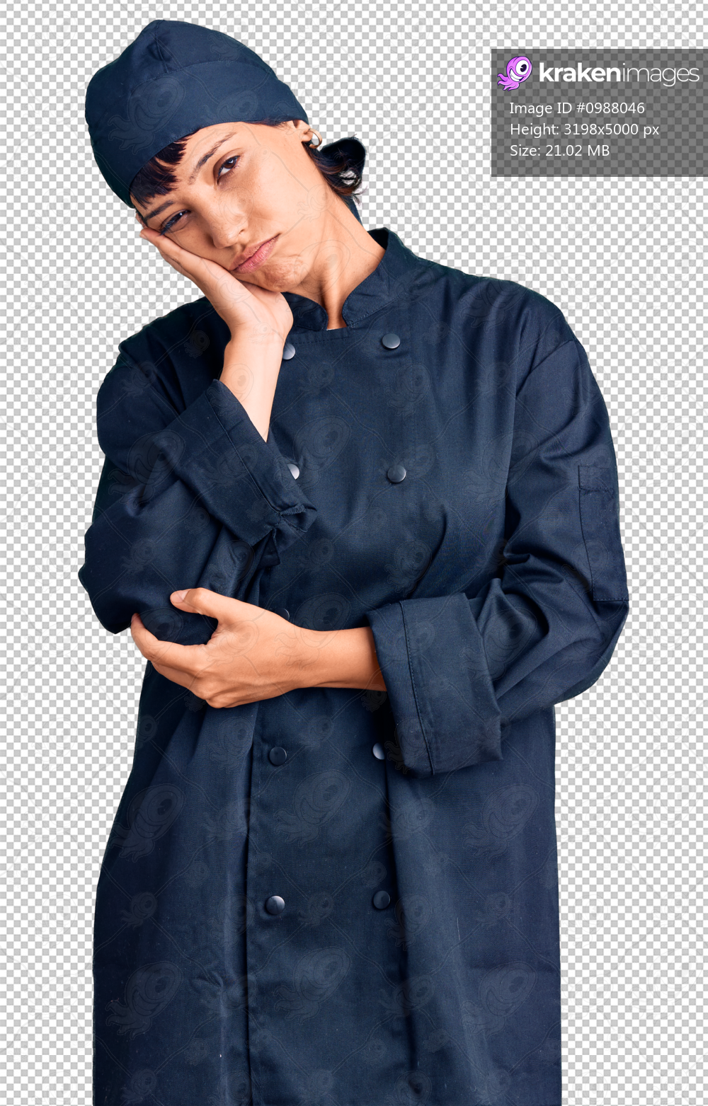 Young brunette woman with short hair wearing professional cook uniform thinking looking tired and bored with depression problems with crossed arms.