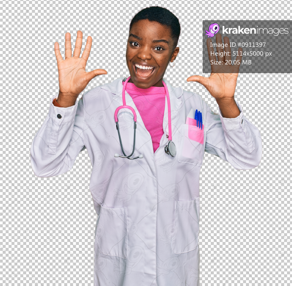 Young african american woman wearing doctor uniform and stethoscope showing and pointing up with fingers number ten while smiling confident and happy.