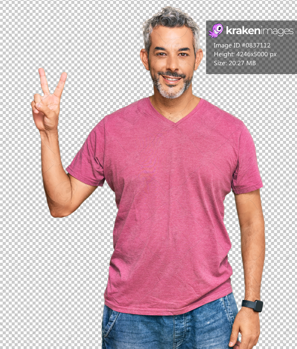 Middle age grey-haired man wearing casual clothes smiling looking to the camera showing fingers doing victory sign. number two.