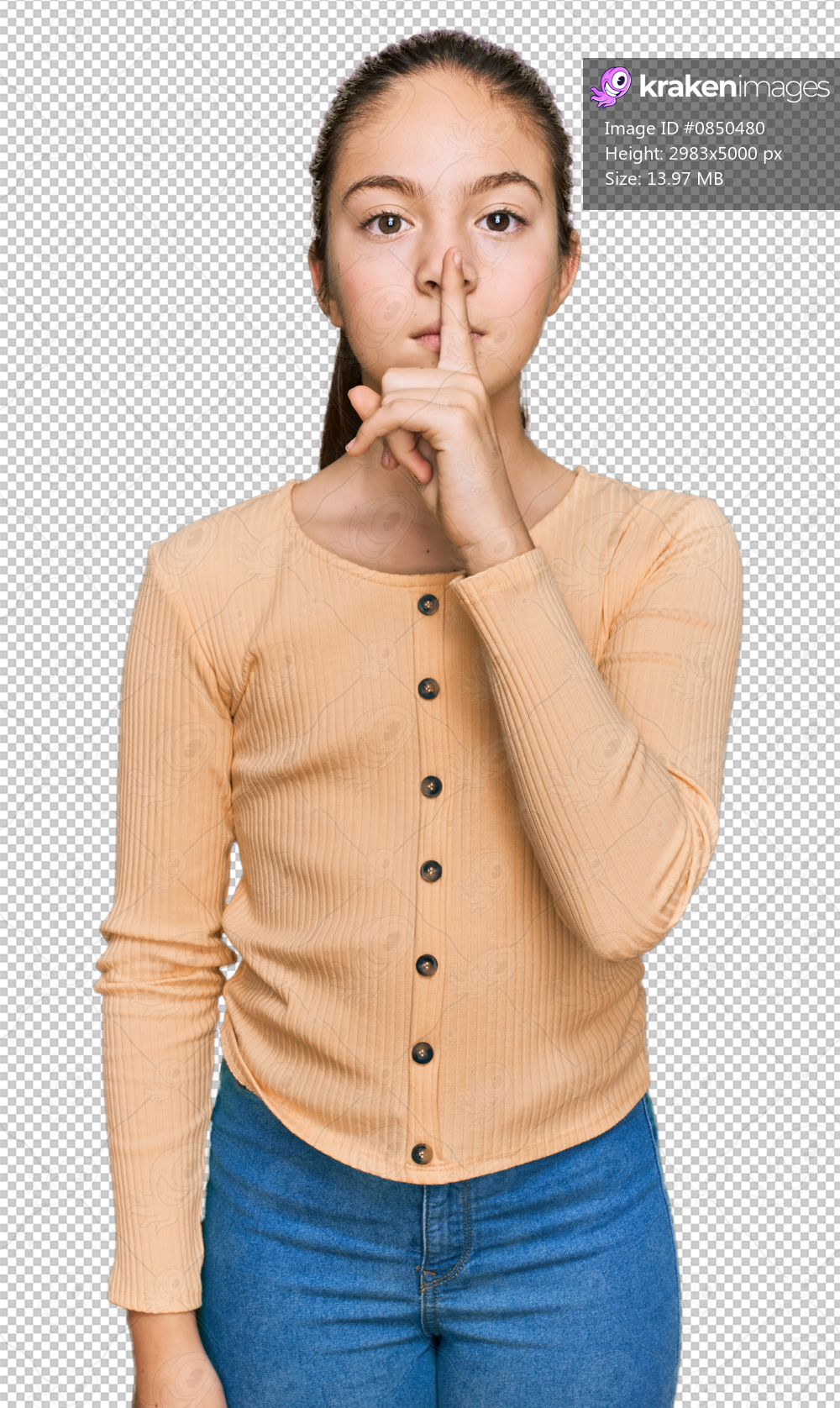 Beautiful brunette little girl wearing casual sweater asking to be quiet with finger on lips. silence and secret concept.