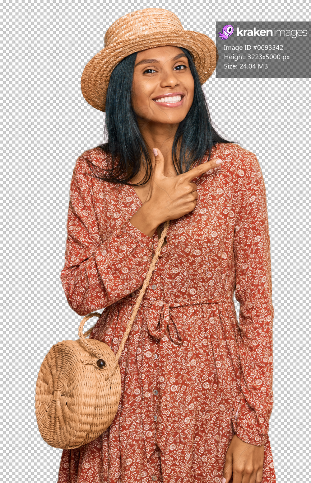 Young african american woman wearing summer hat cheerful with a smile of face pointing with hand and finger up to the side with happy and natural expression on face