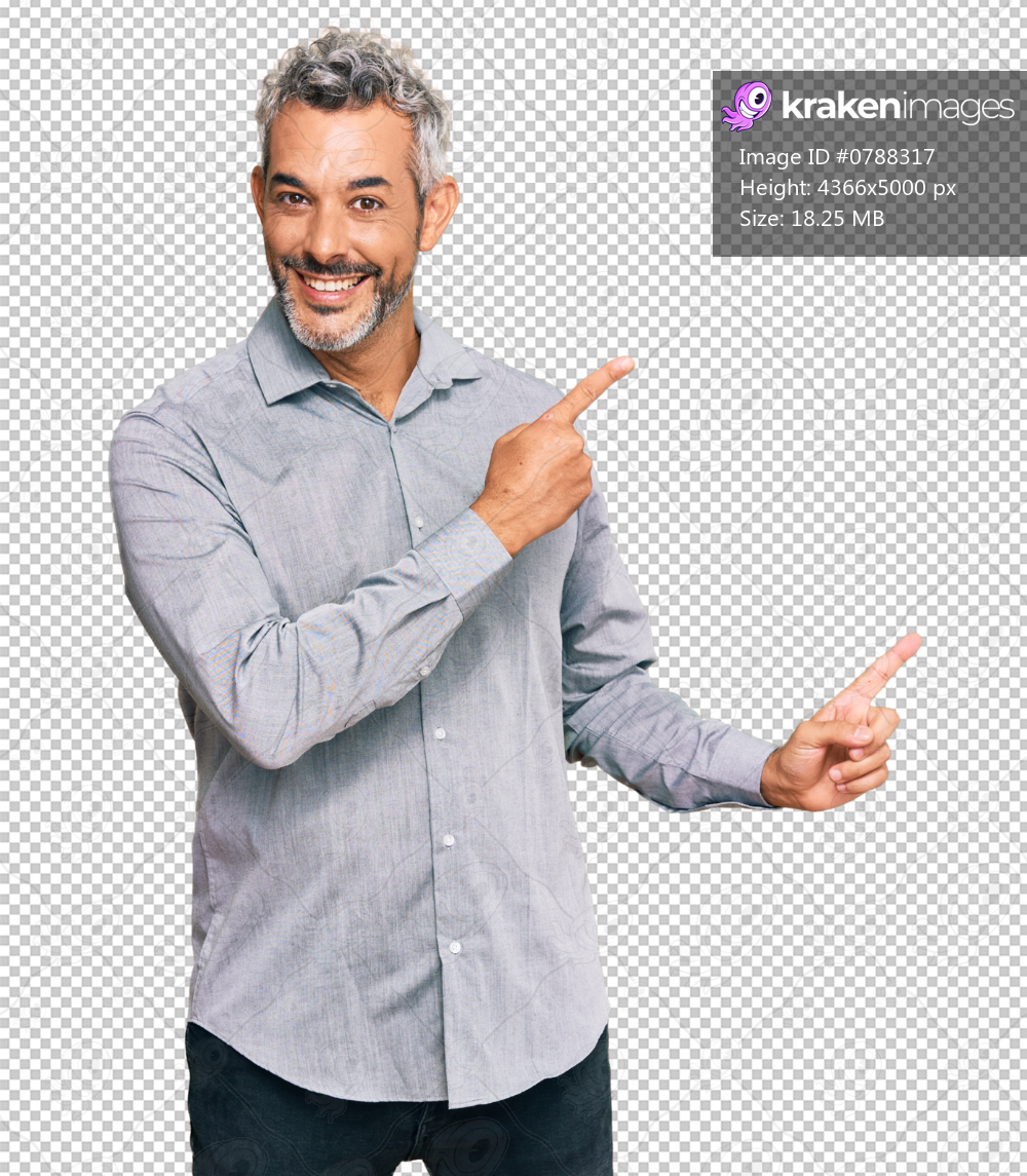 Middle age grey-haired man wearing casual clothes smiling and looking at the camera pointing with two hands and fingers to the side.